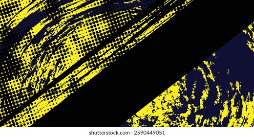 Yellow, blue and black backdrop with dot halftone pattern element. Abstract brush grunge background. retro comic concept for your graphic design, banner or poster. Vector illustration.