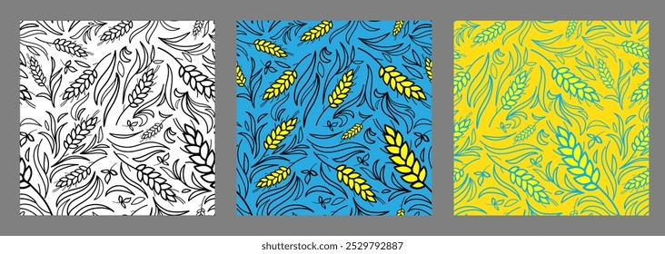 Padrão de trigo sem costura vetor branco amarelo, azul, preto. Símbolos de orelhas de trigo de fazenda. Agricultura. Formas dinâmicas de linhas. Ilustração de vetor para design de tendências. Impressão única desenhada à mão EPS 10.