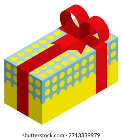 Una caja amarilla y azul con una cinta roja en la parte superior