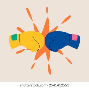 Guantes de boxeo amarillos y azules. Luchando en el boxeo. Combate. Ilustración vectorial colorida
