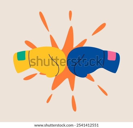 Yellow and blue boxing gloves. Fighting boxing sport. Fight match. Colorful vector illustration
