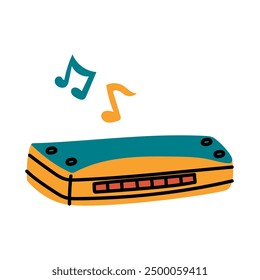 A yellow and blue brass harmonica in a flat style with notes. Wind musical instrument for solo use, orchestra. An isolated shiny tool. Flat vector illustration highlighted on a white background