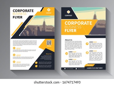 yellow and blue brochure design, cover modern layout, annual report, poster, flyer in A4 with colorful triangles, geometric shapes for tech, science, market with light background