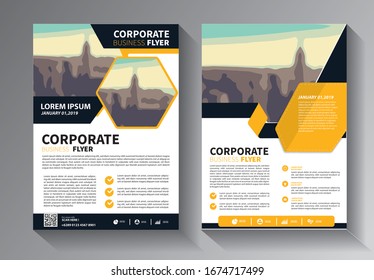 yellow and blue brochure design, cover modern layout, annual report, poster, flyer in A4 with colorful triangles, geometric shapes for tech, science, market with light background