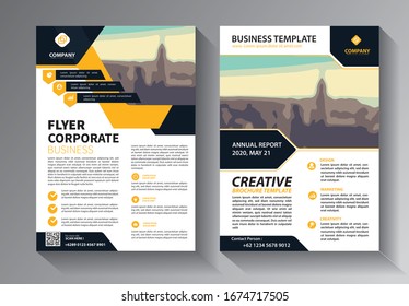 yellow and blue brochure design, cover modern layout, annual report, poster, flyer in A4 with colorful triangles, geometric shapes for tech, science, market with light background