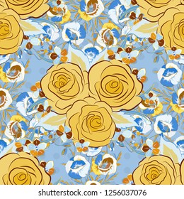 Yellow, blue and brown floral seamless pattern.