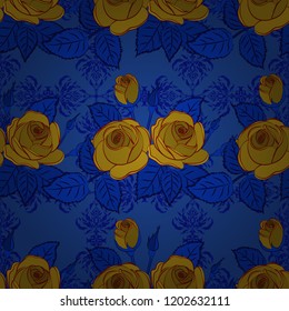 Yellow, blue and brown flower petals, close up roses, beautiful abstract seamless pattern.
