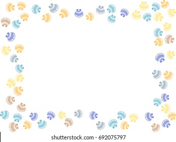 Yellow, blue and brown seashell frame vector illustration. Marine or oceanic sea shell border. Mollusk conch, pearl scallop, bivalve shellfish, underwater object, aquatic card frame template.