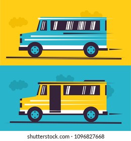 Yellow and blue bus. Flat vector illustration