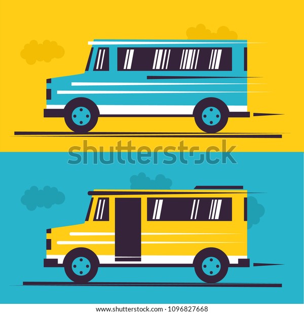 Yellow and blue\
bus. Flat vector\
illustration
