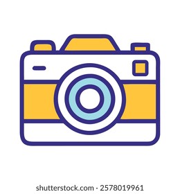 A yellow and blue camera icon representing travel photography in cartoon style