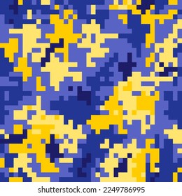 Gelbe blaue Tarnung nahtloses Muster. Digitale Pixelfliesen in der Ukraine. Moderne Camo-Uniform, bunter Straßenbekleidung. mehrfarbige Tapete aus Textil, Militarismus oder Mode, Vektorgrafik