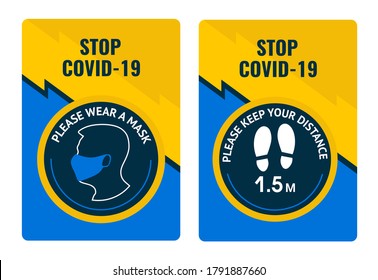 Yellow and blue Cards. Stop covid19. Please wear a mask. Please keep your distance. Information cards to prevent illness from covid19