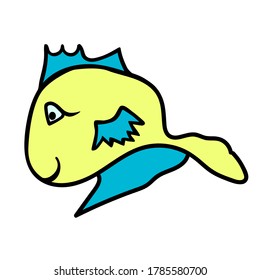 A yellow and blue cartoon whale with a smile. The fish is hand drawn in doodle style.