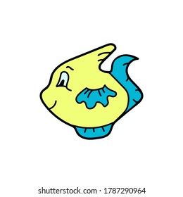 A yellow and blue cartoon whale with a smile. The fish is hand drawn in doodle style.