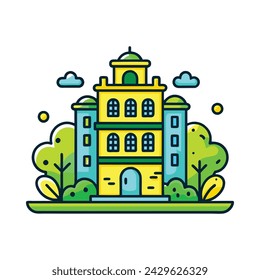 A yellow and blue castle vector illustration in the forest with clouds in the background.