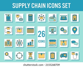 Yellow And Blue Chain Icon Set In Flat Style.