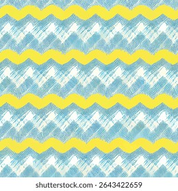 Geel en blauw chevron patroon, gele strepen op een lichte aquamarijn achtergrond, grunge lijnen ikat patroon, ikat naadloze patroon, Vector illustratie achtergrond voor het afdrukken van het papier.