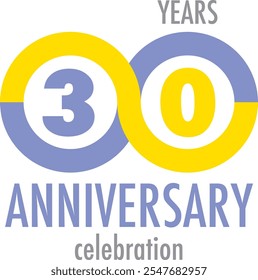 yellow and blue circle color with number 30 and the words anniversary celebration in the bottom, isolated on white background.