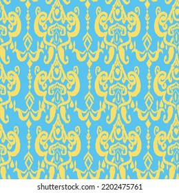 Yellow and blue color digital ikat pattern for fabrics. Traditional textile products in Uzbekistan. Central Asiaan region cukture. Batik. Fashion industry. 