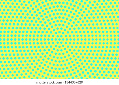 Yellow blue color halftone vector background. Round halftone texture. Centered dotwork gradient. Vibrant dotted halftone surface. Retro halftone overlay. Vintage cartoon effect. Perforated texture