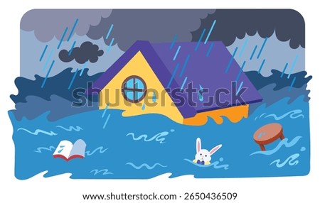 Yellow and blue colored house sinking or drowning in flood water with gloomy rainy weather. Simple flat cartoon art styled colorful drawing isolated on horizontal background.