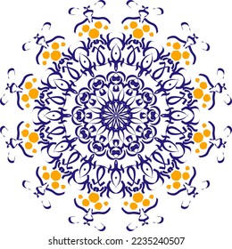 Yellow and blue colored isolated circle stroke abstract mandala pattern on transparent background