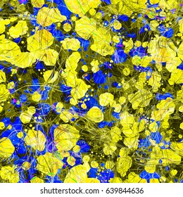 Yellow and blue colors. Blots, stains and curved lines. Seamless background. Vector texture for fabric, wrapping, home decor.