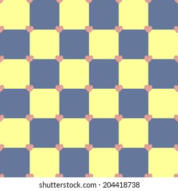 Yellow and blue colors seamless vector pattern with pink hearts