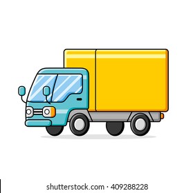 Yellow blue commercial delivery truck.