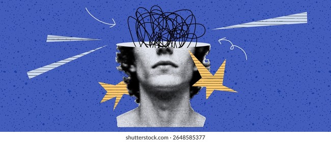 Yellow and blue composition banner bg halftone man star cutout element half face with lips and nose in abstract paper art for retro scrapbook health concept design.