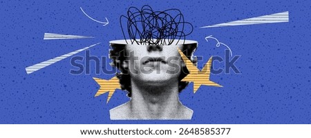 Yellow and blue composition banner bg halftone man star cutout element half face with lips and nose in abstract paper art for retro scrapbook health concept design.