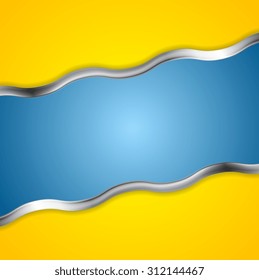 Yellow blue contrast background with metal waves. Vector card design