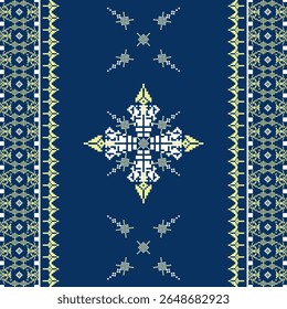 Amarelo e azul ponto-cruz étnico boho padrão sem costura. Padrão tribal. Motivo popular. Vetor folk bordado forma geométrica sem emenda padrão. Ideias para tapete, tapete e tapeçaria de parede.