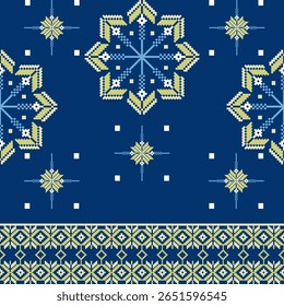 Amarelo e azul ponto-cruz padrão étnico sem costura em estilo floco de neve. Bordado ucraniano. Ornamento popular. Padrão de pixel. Para papel de parede, bordas elaboradas, têxteis, embalagem e fundo.