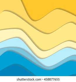 Yellow and blue curve wave line background, sea and beach in paper cut style. Cropped with Clipping Mask