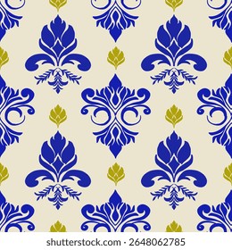 Vetor de padrão sem costura de damasco azul amarelo - Vintage Fleur-de-lis Design Ornamental com motivos reais para papel de parede premium, impressão têxtil decorativa, fundo interior de luxo
