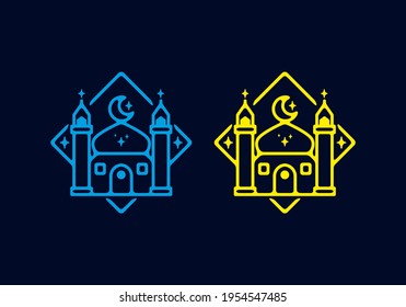 Yellow and blue in dark background of Big Mosque flat illustration ramadan theme design