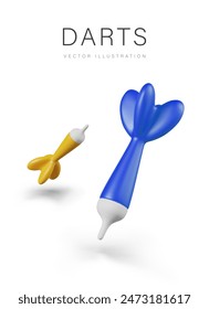 Yellow and blue darts needle in different positions. Set of elements for hitting target