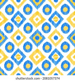 Yellow and blue ethnic seamless pattern. Icat abstract geometric vector illustration.