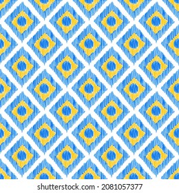 Patrón sin costuras de color amarillo y azul. Icat ilustración de vector geométrico abstracto.