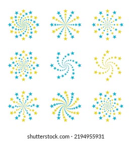 Yellow blue fireworks collection to celebrating new year christmas or birthday. Vector illustration. Yellow blue firework icons, shape sparkle, abstract celebrating set, pyrotechnic rocet