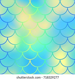 Yellow blue fish scale pattern with colorful mesh vector background. Mermaid seamless pattern vector background. Mermaid seamless pattern. Aquatic surface design. Smooth color mesh. Neon fishscale