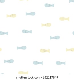 Yellow and blue fish. Seamless vector pattern in doodles style. Endless texture for baby swaddle blankets, bibs, bed linen, body, fabric, paper, scrapbook