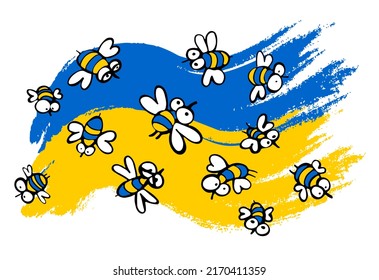 Yellow and blue flag of the country Ukraine with crazy bees for protection
