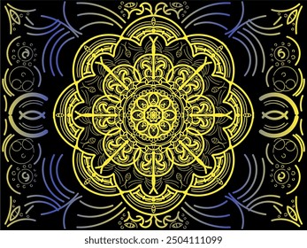 Yellow and blue floral abstract kaleidoscope pattern vector batik illustration art design on black background. Seamless batik floral abstract kaleidoscope texture.