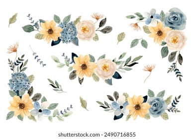 yellow blue floral border watercolor collection