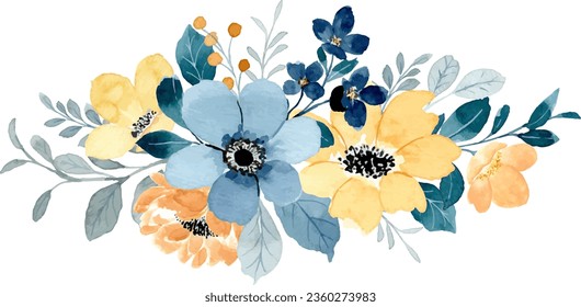 Yellow blue floral bouquet with watercolor for background, wedding, fabric, textile, greeting, card, wallpaper, banner, sticker, decoration etc.