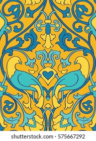 Yellow and blue floral pattern. Seamless filigree ornament. Stylized template for wallpaper, textile, shawl, carpet and any surface. Colorful background with birds and flower.