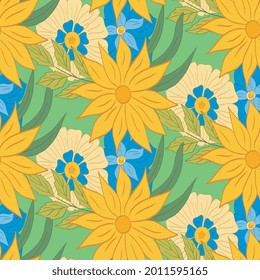 Yellow and blue floral seamless pattern